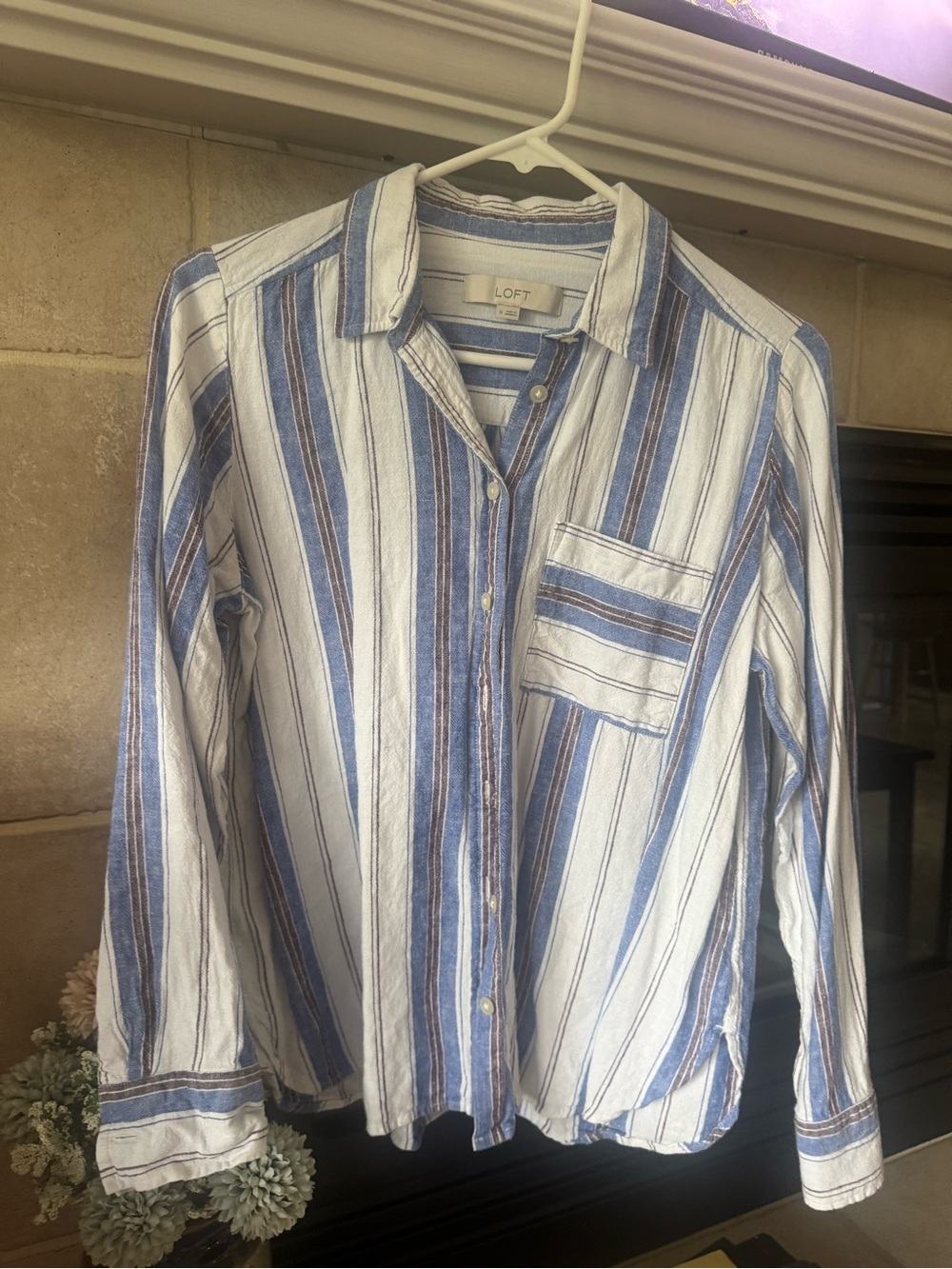 LOFT Casual Blue, White & Brown Vertical Stripe Button-Down Shirt